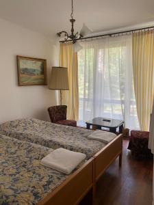 1 dormitorio con cama, mesa y ventana en Hotel oraz domy - Kanu Club, en Nowy Zyzdrój