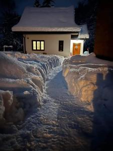 a snow covered road leading to a house at night at Bórówka in Ujsoły