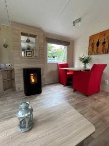 ein Wohnzimmer mit einem Kamin, einem Tisch und roten Stühlen in der Unterkunft Chalet De Bult 4 pers in De Bult