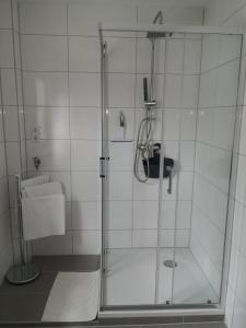 a shower with a glass door in a bathroom at Fewo- Daniela in Hauenstein