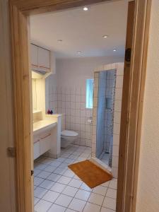 La salle de bains est pourvue d'une douche, d'un lavabo et de toilettes. dans l'établissement Fjord Guesthouse, à Funningsfjørður