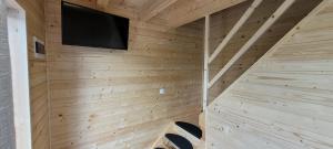 a sauna with a tv in a wooden wall at Drewniak in Wisełka