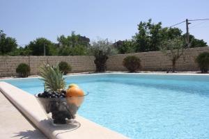 a bowl of fruit sitting next to a swimming pool at Caprice in Milohnići