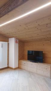 een kamer met een flatscreen-tv aan een houten muur bij Agriturismo Piangembro in Corteno Golgi