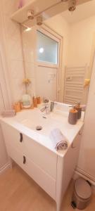 uma casa de banho branca com um lavatório e um espelho em Le Petit Martin ~T2 cosy ~ Netflix ~ Parking ~ Animaux bienvenus 