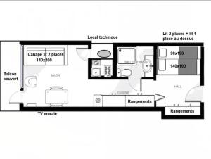 un plan d'étage d'une petite maison avec des diagrammes dans l'établissement Arc 1800 - Studio 5p - Réservations du Samedi au Samedi uniquement, à Arc 1800