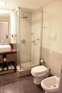 a bathroom with a shower and a toilet and a sink at Casa Campus Pilar Suites in Pilar