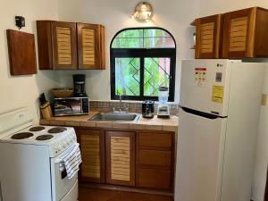 a kitchen with a white refrigerator and a sink at Villa Tortuga in Nosara