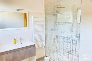 a bathroom with a glass shower with a sink and a toilet at Ty Maneguy - Maison neuve et confortable in Vannes +25 photos