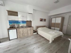a bedroom with a bed and a sink and a refrigerator at Studio Maria Balchik in Balchik