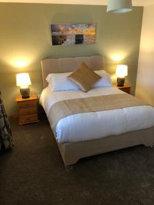 1 dormitorio con 1 cama grande y 2 lámparas en Harbour View Bed & Breakfast en Castletownbere