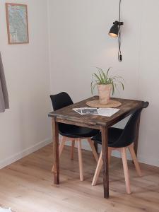 uma mesa de madeira com duas cadeiras e um vaso de plantas sobre ela em Linsell stuga em Linsell