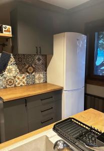 a kitchen with a refrigerator and a counter top at Villa Monte in Velingrad +20 photos
