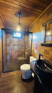 een badkamer met een toilet, een douche en een wastafel bij Pousada Cachoeira da Neve- Chalé Quero Quero in Urubici