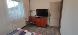 Lali Apartman في قرية بالاتونودفاري: غرفة نوم مع تلفزيون في خزانة مع سرير