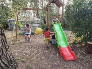 um grupo de crianças a brincar num escorrega num parque infantil em Gîte de l'arbre perché à Langel em Armissan