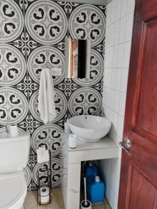 ein Bad mit einer schwarz-weißen Kachelwand in der Unterkunft Apartamento de una habitación in San Isidro