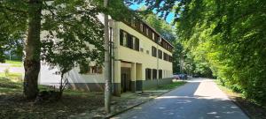 a building on the side of a road with trees at Apartment D&L in Plitvička Jezera