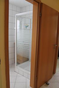 Una puerta de cristal que da a una ducha en el baño. en Gemütliches Apartment, nahe Wetzlar en Wetzlar