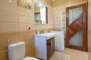 a bathroom with a sink and a toilet and a mirror at Barok Appart in Braşov +17 photos
