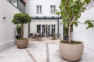 a courtyard with two large pots with trees in it at Bloom Hotel in Ljubljana