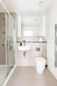Stylish & Comfortable Top-Floor Flat in Harrow في لندن: حمام مع مرحاض ومغسلة ودش