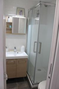 ein Bad mit einer Dusche und einem Waschbecken in der Unterkunft Appartement 2 pièces tout équipé in Montreuil