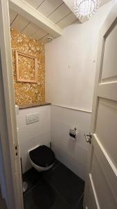ein Badezimmer mit einem WC und einem schwarzen Sitz in der Unterkunft Le nid Mésange in Alligny-en-Morvan