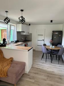 kuchnia i salon ze stołem i krzesłami w obiekcie Mr. Sowa Sokolec w mieście Ludwikowice Kłodzkie