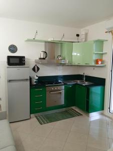 una cocina con armarios verdes y fregadero en VELA BLU, en Ceriale