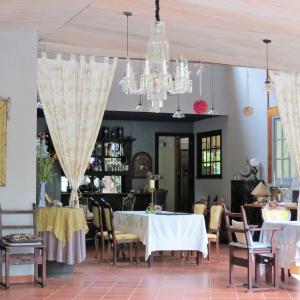 uma sala de jantar com uma mesa e cadeiras e um lustre em SCHUMANN'S RESORT & PARK em Alto Boquete