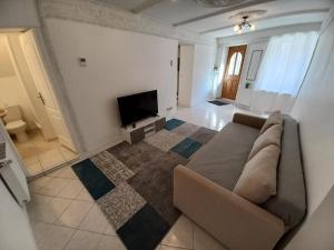 sala de estar con sofá y TV de pantalla plana en Maison à 5 minutes du lac à pied, en Aix-les-Bains