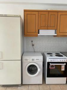 eine Küche mit einer Waschmaschine und einem Kühlschrank in der Unterkunft The view in Poros