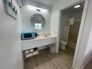 a bathroom with a sink and a mirror and a toilet at Single King Room in Lake City