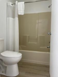 a white bathroom with a toilet and a shower at Single King Room in Lake City