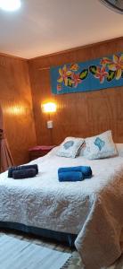 1 dormitorio con 1 cama con 2 almohadas en Cabañas & Hostal Tojika, en Hanga Roa