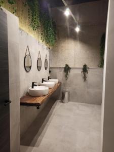 a bathroom with three sinks and plants on the wall at Albergue HR in Sarria +58 photos