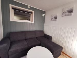 een woonkamer met een bank en een televisie bij Spacious apartment on Kvaløya in Kvaloysletta