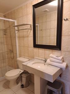 y baño con lavabo, aseo y espejo. en Hotel Artesanos, en Villa Alegre