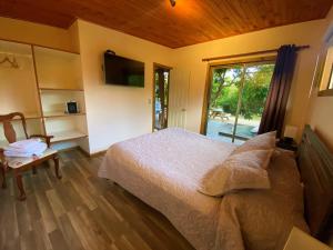 a bedroom with a bed and a sliding glass door at Cabañas La Luz in Olmué