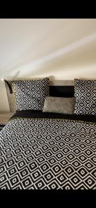 łóżko z czarno-białą pościelą i poduszkami w obiekcie Chambre double privée w mieście Annemasse
