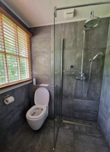 a bathroom with a toilet and a glass shower at Bed & Breakfast Hoeve Happiness in Voorthuizen