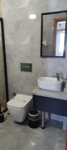 a bathroom with a sink and a toilet and a mirror at Apart Turgutreis in Turgutreis