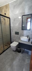 a bathroom with a toilet and a sink and a shower at Apart Turgutreis in Turgutreis