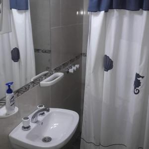 Un baño con lavabo y cortina de ducha. en EL oasis Depto, en Córdoba 16 fotos más