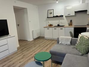 a living room with a couch and a kitchen at Apartament Niko Nad Zatoką Pucką in Puck +6 photos
