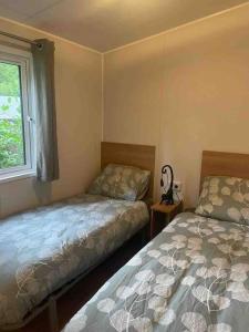 sypialnia z 2 łóżkami i oknem w obiekcie Chalet Kolkje op de Veluwe w mieście Hoenderloo