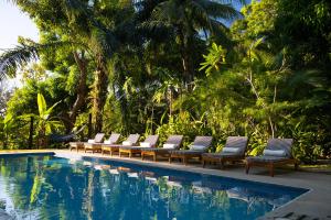 uma fileira de espreguiçadeiras ao lado de uma piscina em Hotel Nya em Montezuma