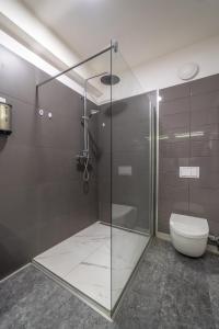 a bathroom with a glass shower and a toilet at Rezidencia pri Radnici in Košice