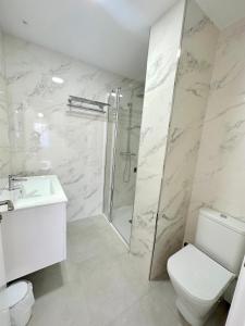 La salle de bains est pourvue d'une douche, de toilettes et d'un lavabo. dans l'établissement Apartamentos Naturmar, à Raxo